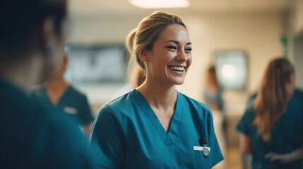 A nurse laughing and talking in a hospital, showcasing positivity, camaraderie among healthcare workers.