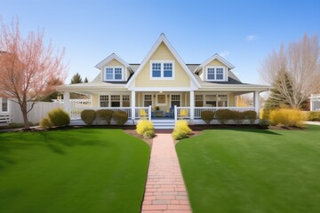lush front lawn leading to a cape cod with distinguished symmetrical dormers - obrazy, fototapety, plakaty