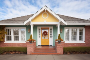 stately entrance with shutters and pediment over the front door - obrazy, fototapety, plakaty