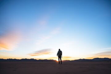 Fototapeta na wymiar hiker silhouette on vast desert expanse at dusk