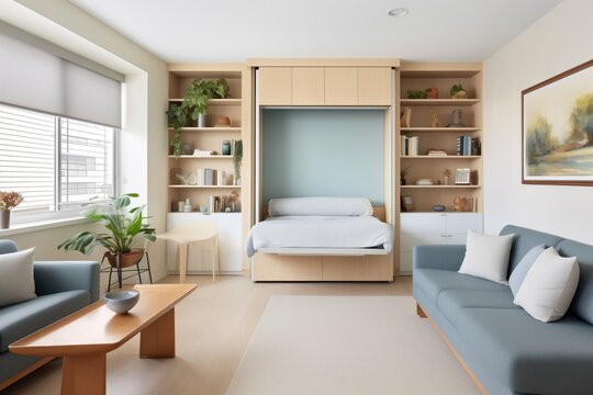 openplan studio apartment with murphy bed and builtin shelves