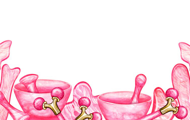 Banner, frame, border Rose quartz scraper, jade, jadeite for Gua Sha massage. Scraper and roller made of natural stone of various shapes. Beauty skin care tool, watercolor illustration for spa therapy