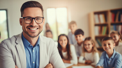 A smiling male teacher in a class at elementary school looking at camera with learning students on background.