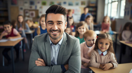 A smiling male teacher in a class at elementary school looking at camera with learning students on...