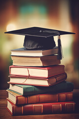 Black graduation cap on a big stack of books