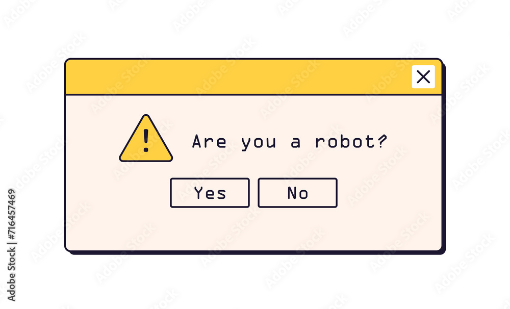 Poster Computer dialog window in retro nostalgic style. Are you robot, verification question in old 90s message box. Security popup, 00s UI design. Flat vector illustration isolated on white background