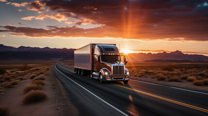 A transport semi-truck effortlessly crossing the expansive terrain of the southwest United States, a representation of logistics, freight, and delivery. - obrazy, fototapety, plakaty