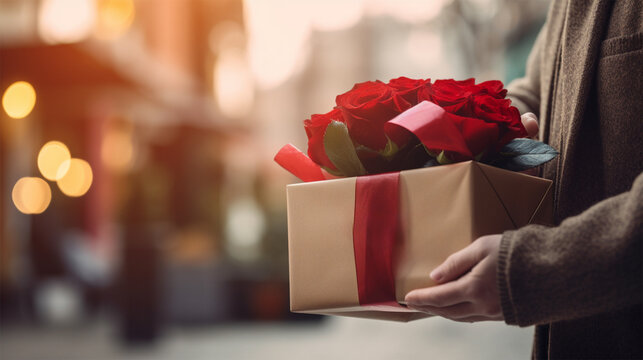 hand of a person holding a beautifully wrapped gift with a red ribbon and flowers, congratulations for a holiday or Valentine's day