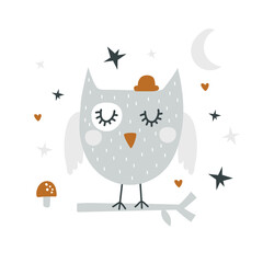 Card with cute owl. Vector illustrations