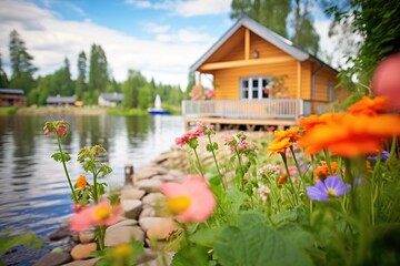wooden cottage with colorful flowers by the lake - obrazy, fototapety, plakaty