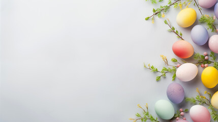 Obraz premium cress, colorful Easter eggs on a light pastel paper background, Easter, space for text, top view