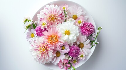 White plate with flowers. Creative composition