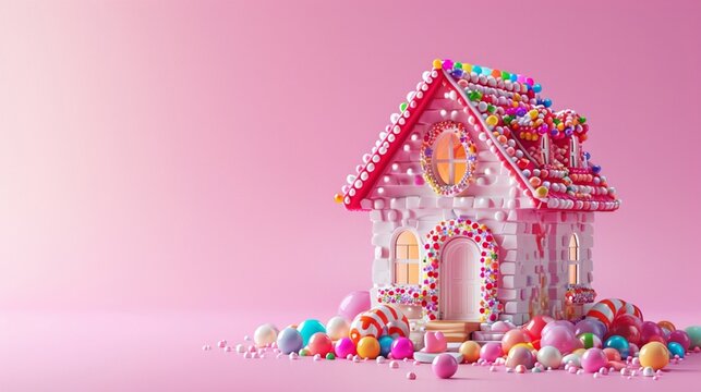 Cute candy house on a isolate pink background