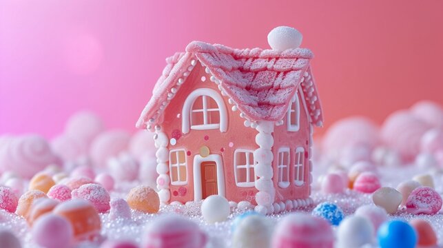 Cute candy house on a isolate pink background
