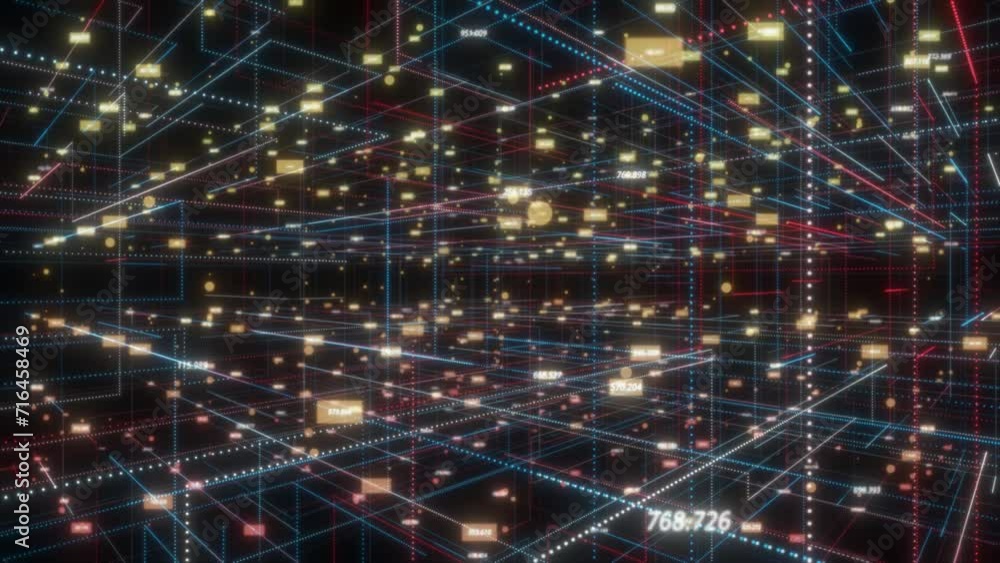 Poster floating through digital data network connection in digital cyberspace hi-tech technology bokeh back