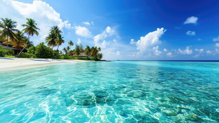 tropical beach with few palm trees and blue lagoon