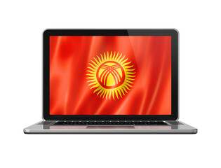 Kyrgyzstan flag on laptop screen isolated on white. 3D illustration