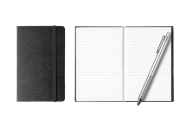 Black closed and open notebooks with pen isolated on white