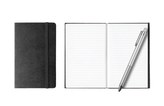 Black closed and open notebooks with pen isolated on white