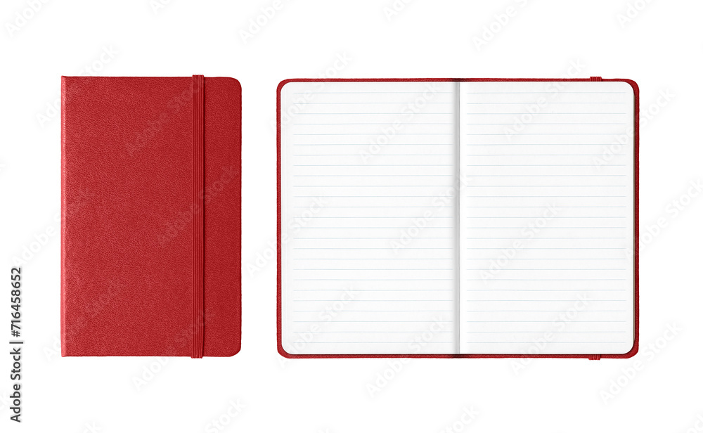 Poster Dark red closed and open lined notebooks isolated on transparent background