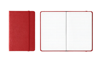 Dark red closed and open lined notebooks isolated on transparent background