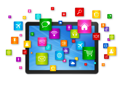 Digital Tablet pc and flying apps icons