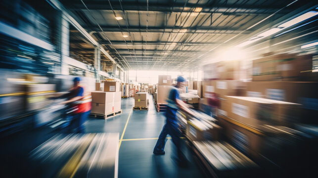 Blurred image of workers or warehouse employees in action, moving shipment boxes efficiently, showcasing the dynamics of international trade logistics.