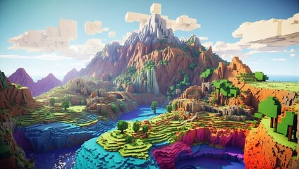 Minecraft inspired colorful world, globe, earth. Minecraft texture world. Cube landscape illustration background abstract, 3d nature, game earth cube voxel surface landscape. Generative AI - obrazy, fototapety, plakaty