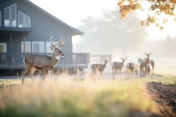 wildlife near cabin, deer grazing in morning mist