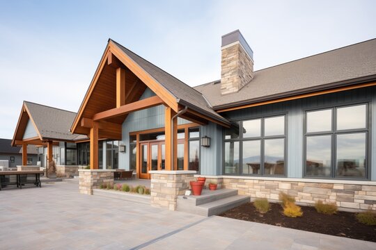 prairie guesthouse, mix of stonework and wooden accents