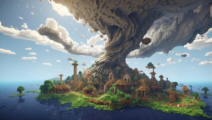 Minecraft inspired tornado. Minecraft texture world. Cube landscape illustration background abstract, 3d nature, game earth cube voxel surface landscape. Generative AI