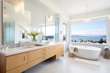 Fototapeta na wymiar modern bathroom with large windows and ocean scenery