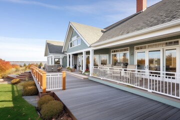 shingle style facade with wraparound deck and sea vista