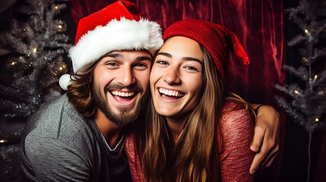 Playful Couple in a Christmas Photo Booth , playful couple, Christmas, photo booth