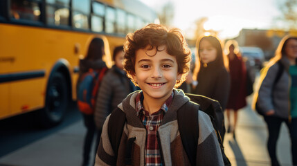 An elementary student boy smiling and ready to board school bus.