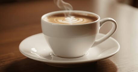 Fototapeta premium cup of aromatic coffee placed on white plate with dessert spoon. Generative AI