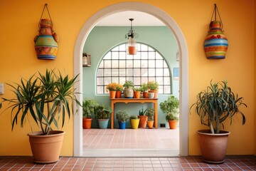 arched doorway framed by terracotta pots on each side