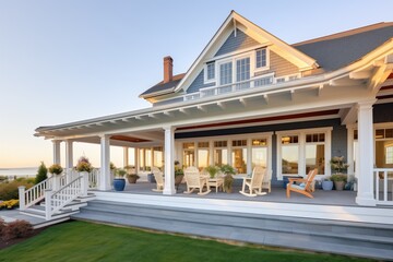 doublestory shingle style home with expansive front veranda