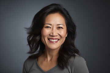 Fototapeta premium Asian smiling middle aged woman on grey background.