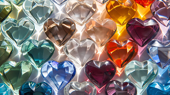 A composition of mirrored glass hearts reflecting an array of colors, creating a kaleidoscopic display of love