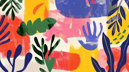 Naive colorful floral art illustrations in minimalist style. Vibrant flowers and leaves