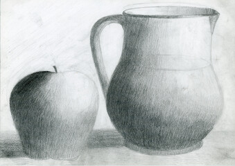 Black and white pencil drawing of a still life with jug and apple