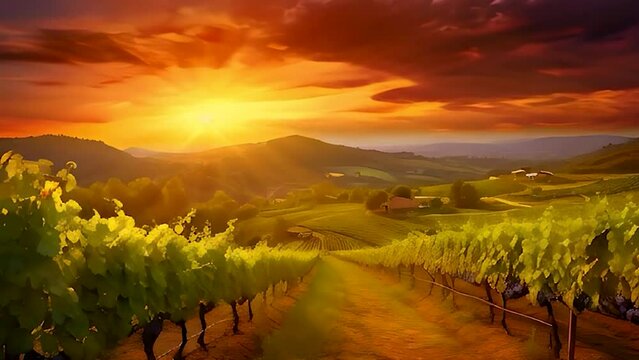 Vineyards with peas in the village at dawn. Generative AI, Nature.
