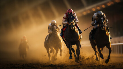 Horses and jockeys battling for first position on the race track.