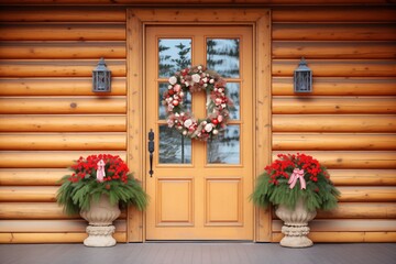 wreathadorned front door of a log cabin