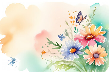 Wildflowers in watercolor technique. Floral wallpaper design with wildflowers, pastel color background. Botanical illustration, space for description. Suitable for cover, postcard