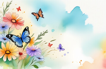 Wildflowers in watercolor technique. Floral wallpaper design with wildflowers, pastel color background. Botanical illustration, space for description. Suitable for cover, postcard