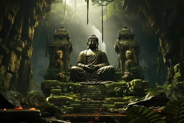 Foto op Canvas Hindu ancient religious buddha statue in dense tropical forest jungle. © Serhii
