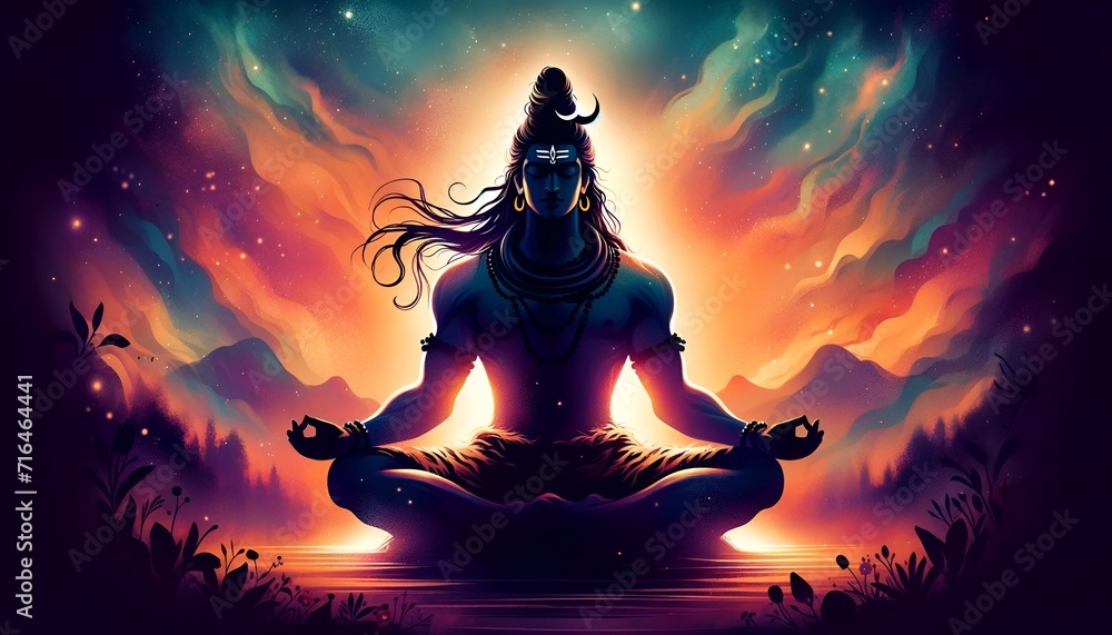 Poster silhouette of lord shiva in meditation at night.