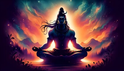 Silhouette of lord shiva in meditation at night. - obrazy, fototapety, plakaty